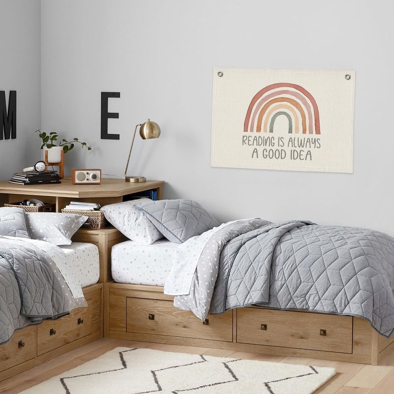 PLKMN Reading Corner Decor for Classroom, Reading Is Always A Good Idea Canvas Banner, Boho Rainbow Wall Hanging Banner Flag Decor for Reading Corner Nook Playroom - Image 2
